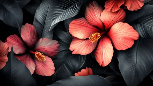 Red Hibiscus Blooms Against Dark Foliage.