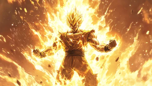 Golden haired warrior surrounded by intense energy aura.