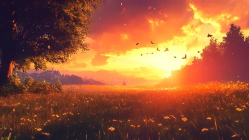 Sunset meadow kingdom under a sky of wandering embers.