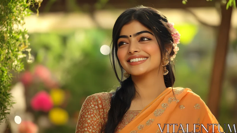 Young woman in saree stands outdoors in controlled soft focus