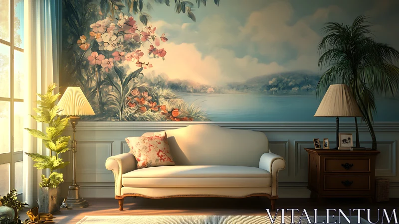 Sunlit neoclassical lounge with panoramic painted lakeside wall.