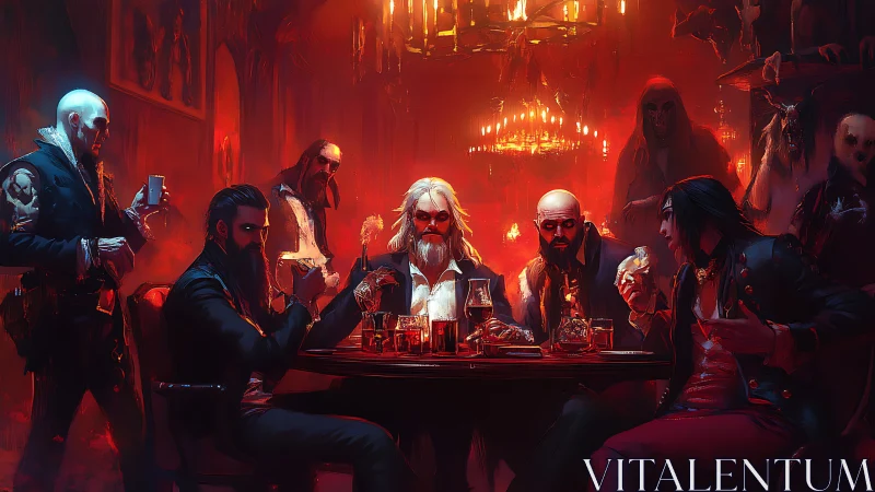Vampiric gentlemen drinking in a dim red-lit lounge.