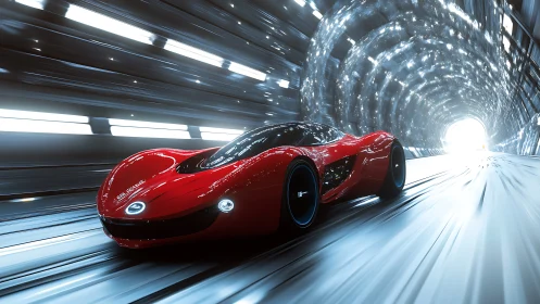 Scarlet hypercar streaking through luminous tunnel passage.