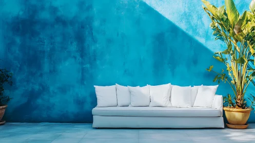 Sunlit white sofa against a dreamy turquoise patio wall.