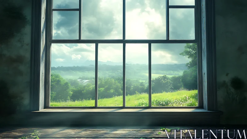 Sunlit countryside unfolds beyond an old wooden window frame.