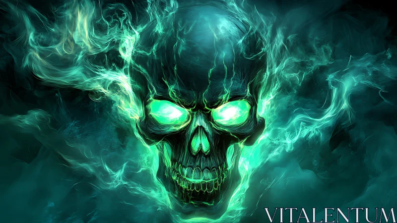 Luminous necrotic skull rendered in teal spectral plasma field