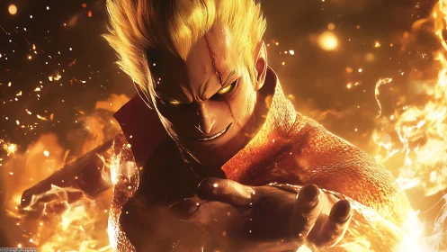 Infernal warrior lunging through swirling golden flames.