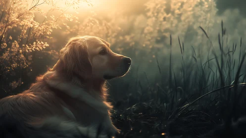 Golden retriever rests in dreamy sunset meadow glow