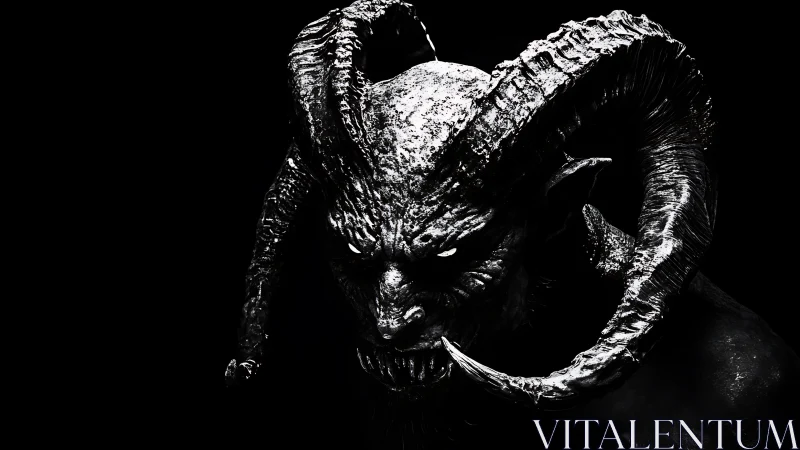 Demonic horned creature portrait in stark black and white.