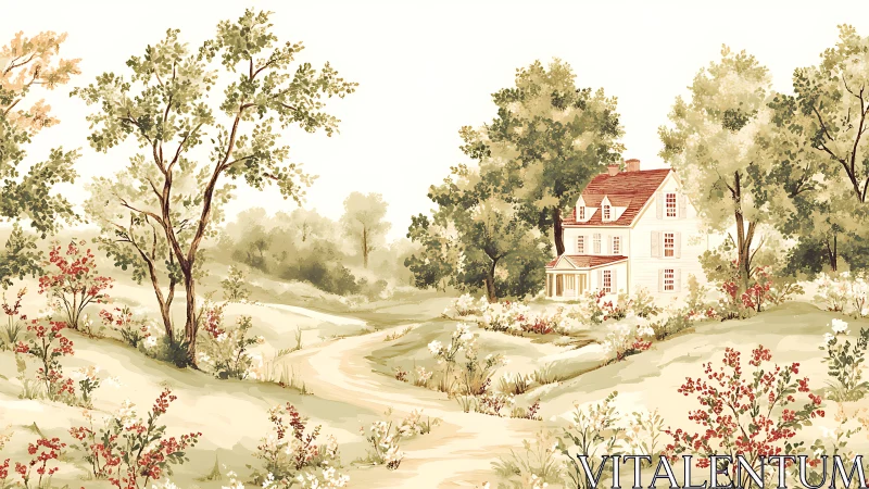 Sunlit country home nestles softly among gentle green hills