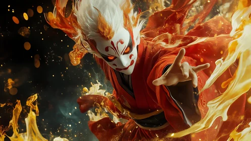 Flame-masked warrior dancing through swirling golden fire.