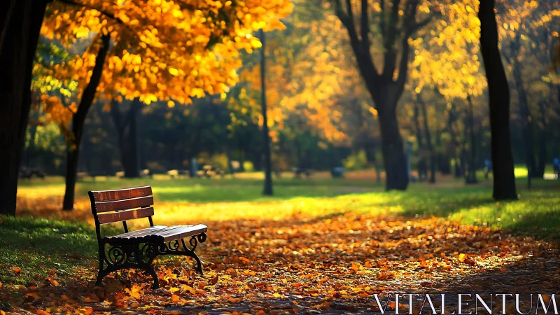 Empty wooden park bench under bright autumn foliage.