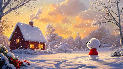 Cartoon puppy admires a glowing winter cabin at sunset