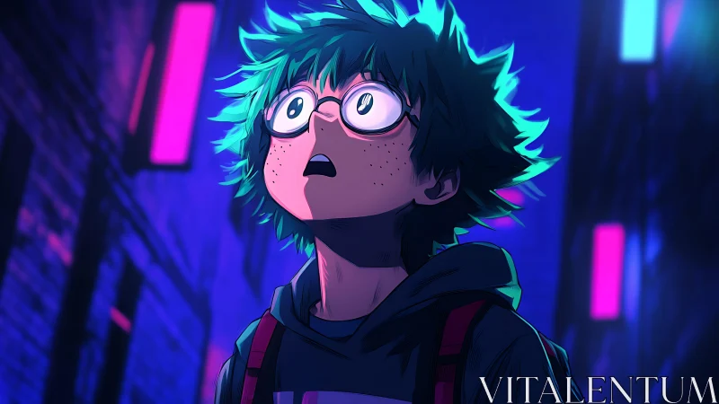 Neon lit alleyway portrait of stunned boy in high contrast anime