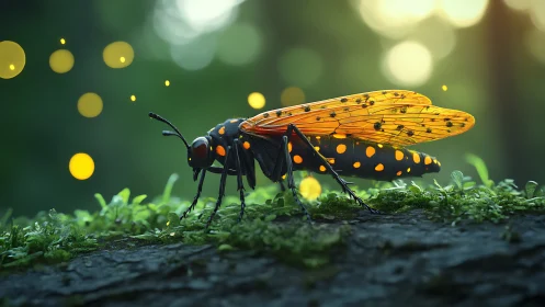 Bioluminescent beetle rendered in shallow-depth forest macro scene