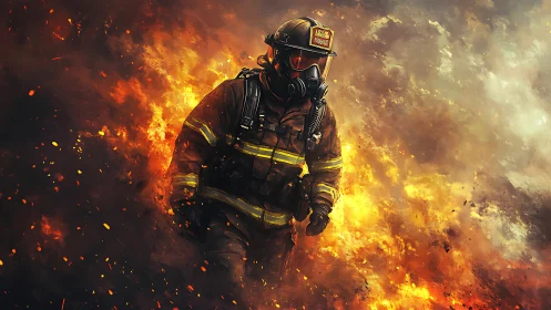 Inferno Guardian: Firefighter Defies Raging Flames.