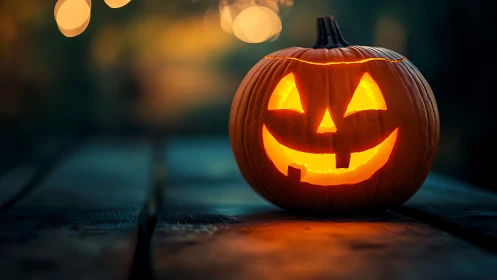 Glowing jack-o-lantern smiles warmly on a rustic night table