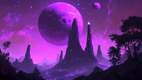 Neon alien landscape with towering spires and luminous moons.