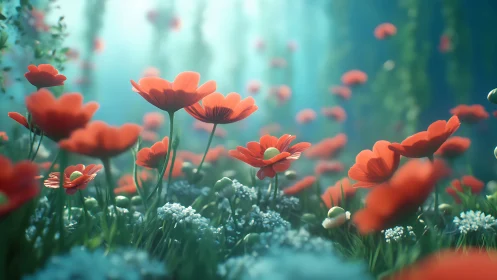 Red Gerberas Dancing Through Luminous Garden Mist.