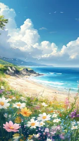 Sunlit coastal meadow with wildflowers and rolling surf.