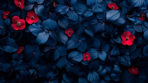 Deep Blue Foliage with Vibrant Red Flowering Accents