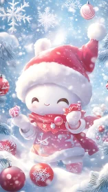 Cartoon character in red winter outfit amid snow scene.