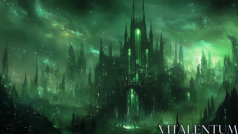 Emerald necropolis skyline with spired citadel under toxic aurora