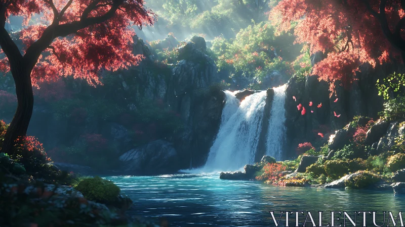 Spectral cascade in vermilion arboretum under volumetric sun.