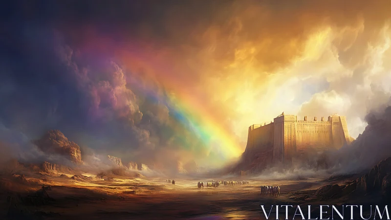 Rainbow siege light crowns a desert fortress at dusk