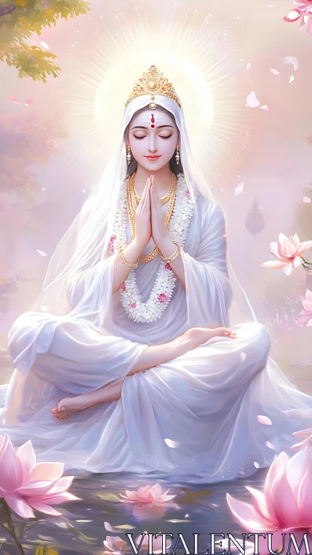 Divine serene goddess in white meditative lotus pose.