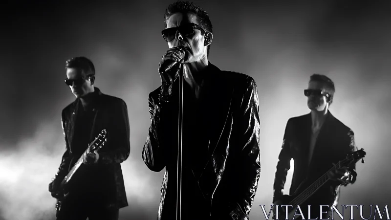 Rock trio performs in monochrome backlight with sleek leather.