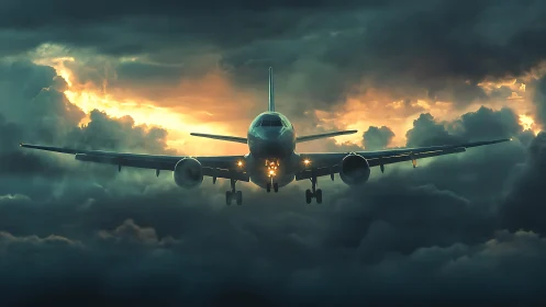 Passenger jet approaches runway through dense storm clouds.