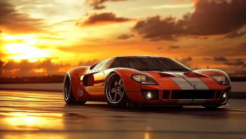 Low-angle render showcases racing coupe in sunset reflections