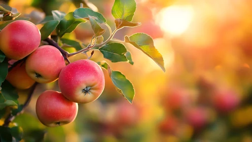 Ripe apples hang on a branch against a defocused light field