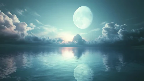 Moonlight drifts above glassy tides in a dream-bright hush