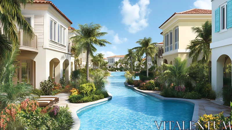 Palm-lined canal villas glow under bright tropical daylight