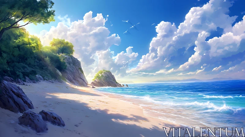 Coastal shoreline with cliffs, trees and scattered clouds.