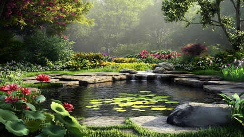 Garden pond with stone edges, lilies, and dense flowers