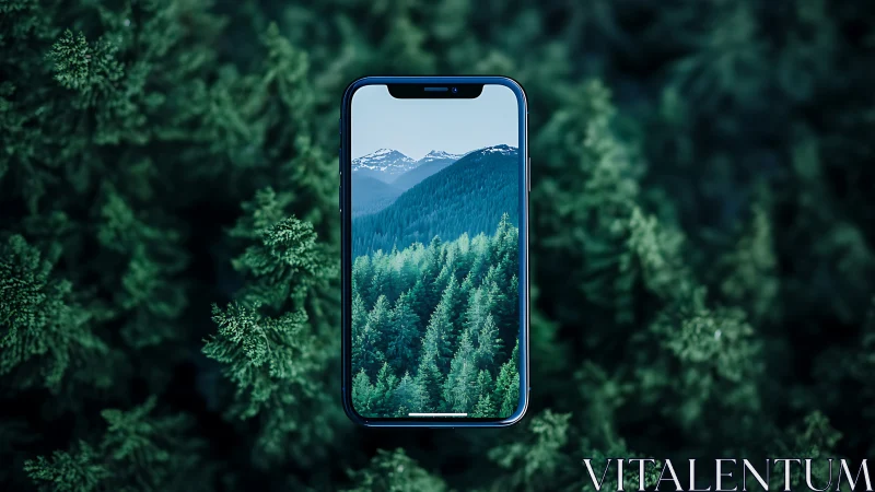Smartphone displaying forest mountain landscape with evergreen trees.
