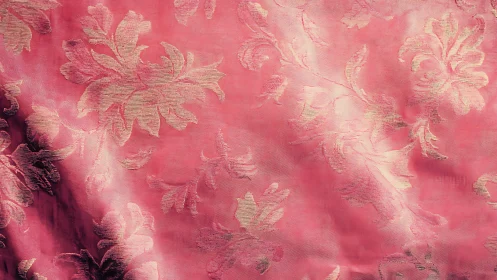 Pink damask fabric shimmers with ornate floral elegance