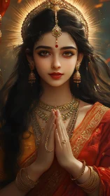 Golden prayers shimmer as a serene goddess greets dawn