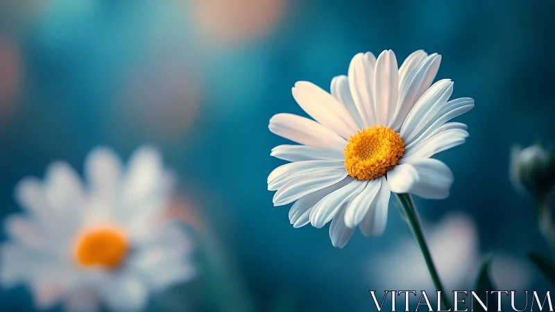 White Daisy with Yellow Center Against Blue Background