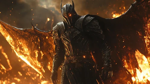 Armored demon lord emerges from firelit infernal battleground.