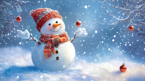 Cheerful snowman juggling crimson baubles in winter hush.
