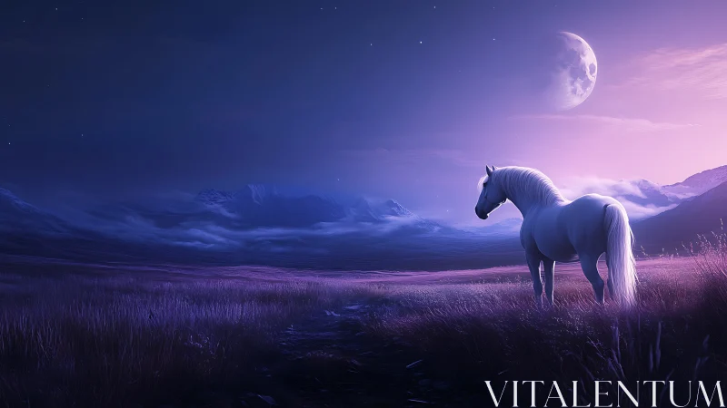 White horse stands under violet moonlit mountain sky.
