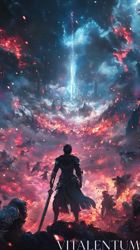 Lone armored swordsman facing infernal battlefield and radiant spire.