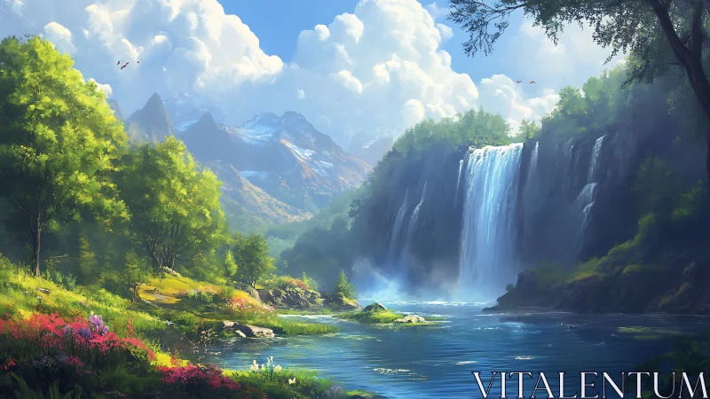 Mountain river valley with waterfall and forest landscape.