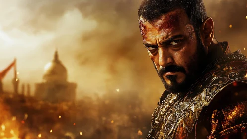 Battle-hardened warrior in ornate armor amid burning citadel