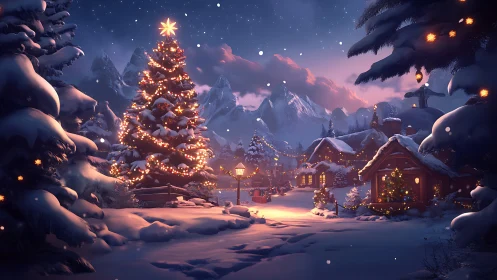 Snow-covered village square with illuminated Christmas tree.