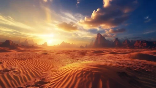 Radiant aeolian dune field under stratified desert sunset.